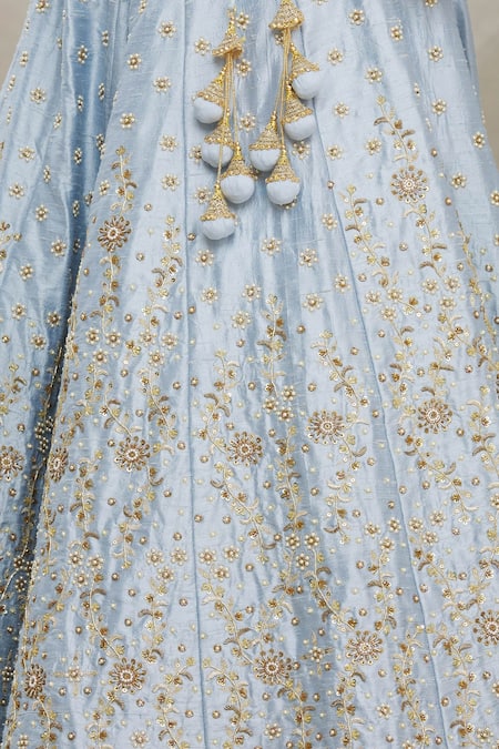 Shop Priti Sahni Blue Blouse, Dupatta Tulle, Lehenga Raw Silk Floral Embroidered Bridal Set Online at Aza Fashions Shop_Priti Sahni_Blue Blouse, Dupatta Tulle, Lehenga Raw Silk Floral Embroidered Bridal Set _Online_at_Aza_Fashions