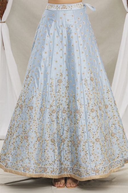 Priti Sahni Blue Blouse, Dupatta Tulle, Lehenga Raw Silk Floral Embroidered Bridal Set at Aza Fashions Priti Sahni_Blue Blouse, Dupatta Tulle, Lehenga Raw Silk Floral Embroidered Bridal Set _at_Aza_Fashions