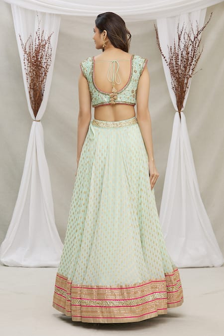 Shop Priti Sahni Green Blouse Raw Silk, Dupatta Tulle, Lehenga Embroidered And Set at Aza Fashions Shop_Priti Sahni_Green Blouse Raw Silk, Dupatta Tulle, Lehenga Embroidered And Set _at_Aza_Fashions