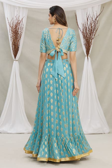 Shop Priti Sahni Blue Blouse Silk, Dupatta Tulle, Lehenga Georgette Embroidered And Set at Aza Fashions Shop_Priti Sahni_Blue Blouse Silk, Dupatta Tulle, Lehenga Georgette Embroidered And Set _at_Aza_Fashions