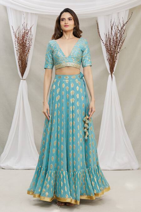 Priti Sahni Blue Blouse Silk, Dupatta Tulle, Lehenga Georgette Embroidered And Set Online at Aza Fashions Priti Sahni_Blue Blouse Silk, Dupatta Tulle, Lehenga Georgette Embroidered And Set _Online_at_Aza_Fashions