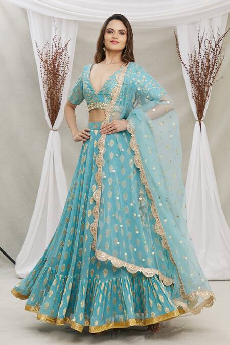 Buy Priti Sahni Blue Blouse Silk, Dupatta Tulle, Lehenga Georgette Embroidered And Set Online at Aza Fashions Buy_Priti Sahni_Blue Blouse Silk, Dupatta Tulle, Lehenga Georgette Embroidered And Set _Online_at_Aza_Fashions