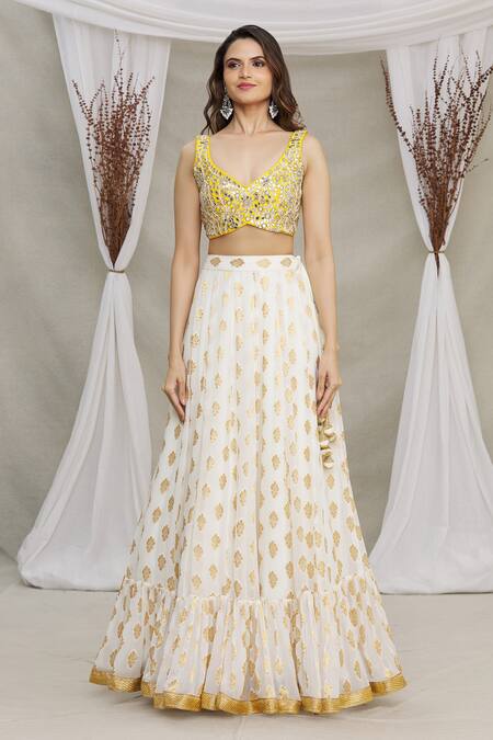 Priti Sahni White Blouse Raw Silk, Dupatta Tulle, Lehenga Embroidered And Set Online at Aza Fashions Priti Sahni_White Blouse Raw Silk, Dupatta Tulle, Lehenga Embroidered And Set _Online_at_Aza_Fashions