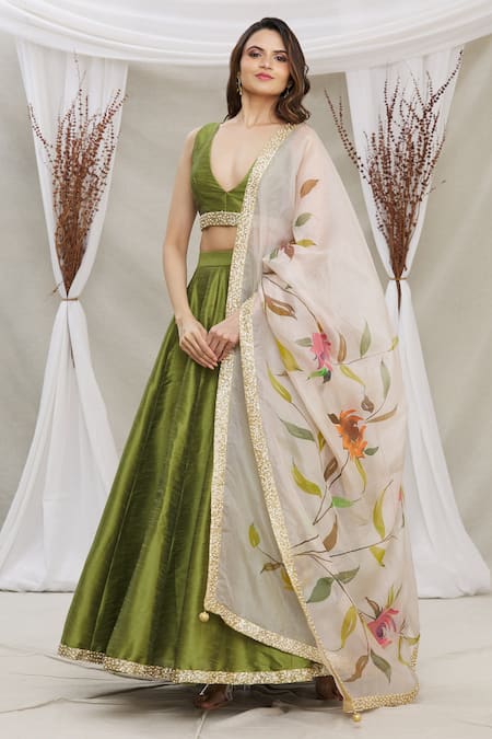 Fresh Green and White Embroidered Lehenga - Priti Sahni