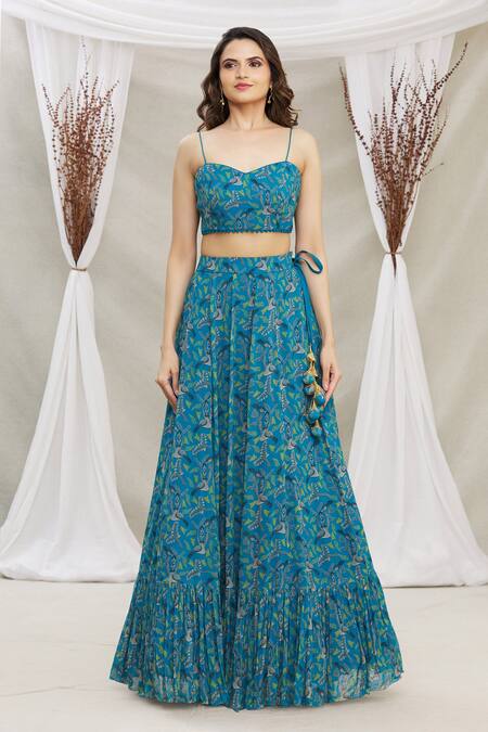 Priti Sahni_Blue Blouse  Georgette, Dupatta  Tulle, Lehenga Gond Tribal Art Print Set_Online_at_Aza_Fashions
