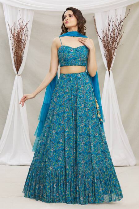 Buy_Priti Sahni_Blue Blouse  Georgette, Dupatta  Tulle, Lehenga Gond Tribal Art Print Set_Online_at_Aza_Fashions