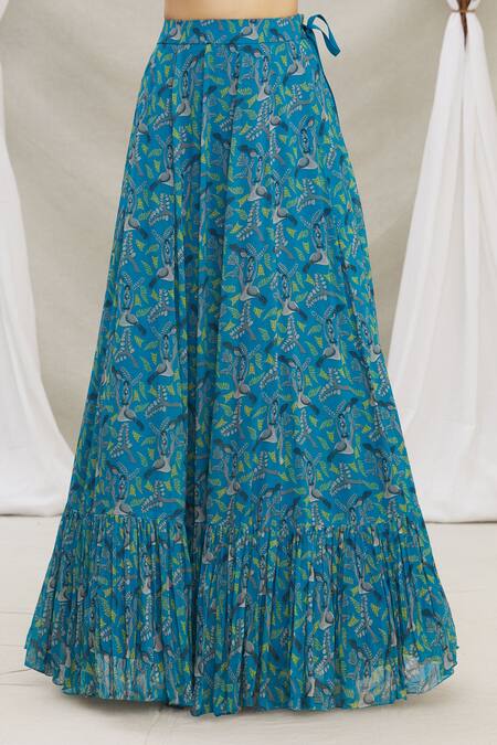 Priti Sahni_Blue Blouse  Georgette, Dupatta  Tulle, Lehenga Gond Tribal Art Print Set_at_Aza_Fashions