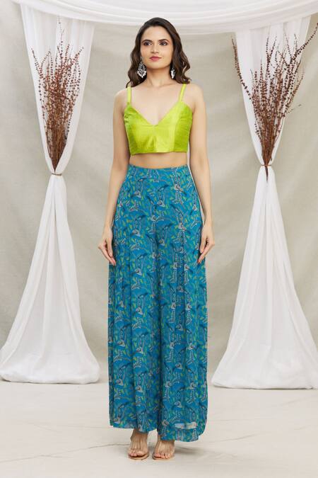 Priti Sahni Blue Blouse Raw Silk, Cape Georgette, Palazzo Gond Tribal Art Print And Set Online at Aza Fashions Priti Sahni_Blue Blouse Raw Silk, Cape Georgette, Palazzo Gond Tribal Art Print And Set _Online_at_Aza_Fashions