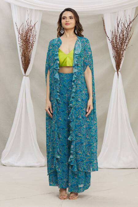 Buy Priti Sahni Blue Blouse Raw Silk, Cape Georgette, Palazzo Gond Tribal Art Print And Set Online at Aza Fashions Buy_Priti Sahni_Blue Blouse Raw Silk, Cape Georgette, Palazzo Gond Tribal Art Print And Set _Online_at_Aza_Fashions