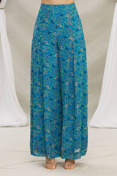 Priti Sahni Blue Blouse Raw Silk, Cape Georgette, Palazzo Gond Tribal Art Print And Set at Aza Fashions Priti Sahni_Blue Blouse Raw Silk, Cape Georgette, Palazzo Gond Tribal Art Print And Set _at_Aza_Fashions