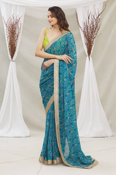 Priti Sahni_Blue Blouse  Raw Silk, Saree  Geoegette Gond Tribal Art Print Plunge V Set_Online_at_Aza_Fashions
