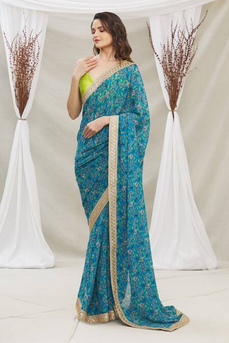 Shop_Priti Sahni_Blue Blouse  Raw Silk, Saree  Geoegette Gond Tribal Art Print Plunge V Set_Online_at_Aza_Fashions