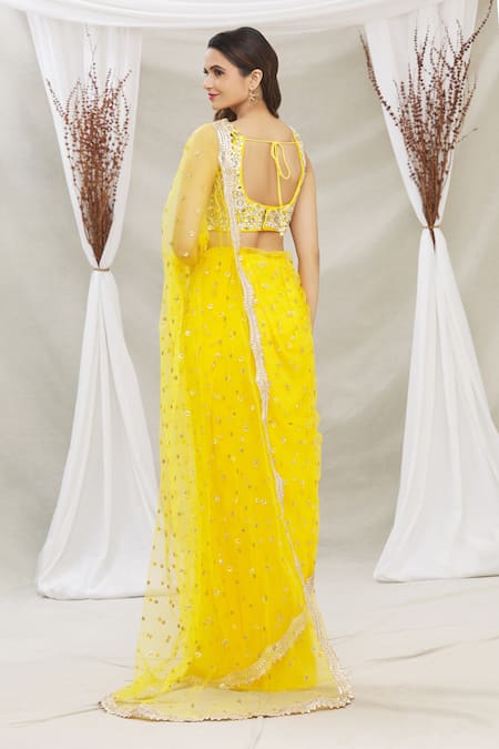 Shop Priti Sahni Yellow Blouse Tulle, Saree Organza Sequin Work Plunge V Embroidered With at Aza Fashions Shop_Priti Sahni_Yellow Blouse Tulle, Saree Organza Sequin Work Plunge V Embroidered With _at_Aza_Fashions