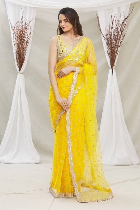 Buy Priti Sahni Yellow Blouse Tulle, Saree Organza Sequin Work Plunge V Embroidered With Online at Aza Fashions Buy_Priti Sahni_Yellow Blouse Tulle, Saree Organza Sequin Work Plunge V Embroidered With _Online_at_Aza_Fashions