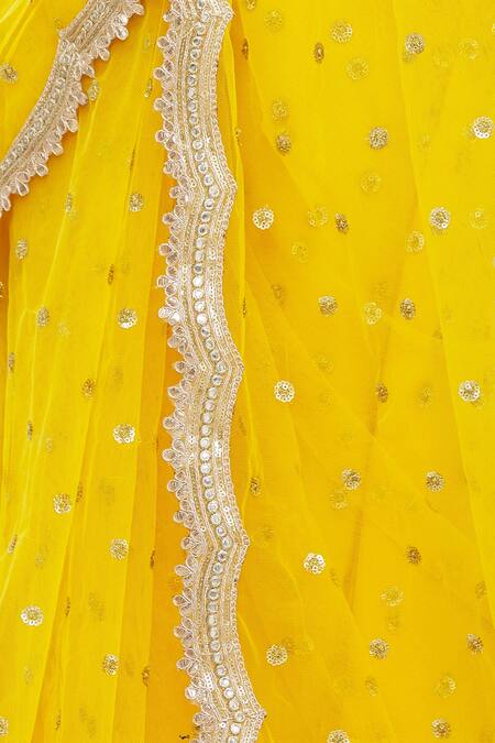 Priti Sahni Yellow Blouse Tulle, Saree Organza Sequin Work Plunge V Embroidered With at Aza Fashions Priti Sahni_Yellow Blouse Tulle, Saree Organza Sequin Work Plunge V Embroidered With _at_Aza_Fashions