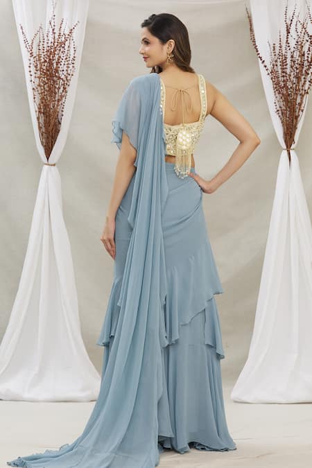 Shop Priti Sahni Blue Blouse Tulle, Saree Georgette Mirror, Pearl Draped Ruffle With at Aza Fashions Shop_Priti Sahni_Blue Blouse Tulle, Saree Georgette Mirror, Pearl Draped Ruffle With _at_Aza_Fashions