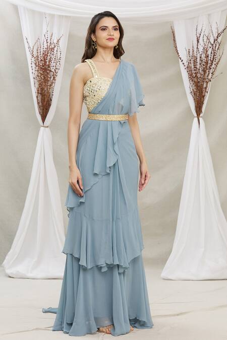 Priti Sahni Blue Blouse Tulle, Saree Georgette Mirror, Pearl Draped Ruffle With Online at Aza Fashions Priti Sahni_Blue Blouse Tulle, Saree Georgette Mirror, Pearl Draped Ruffle With _Online_at_Aza_Fashions