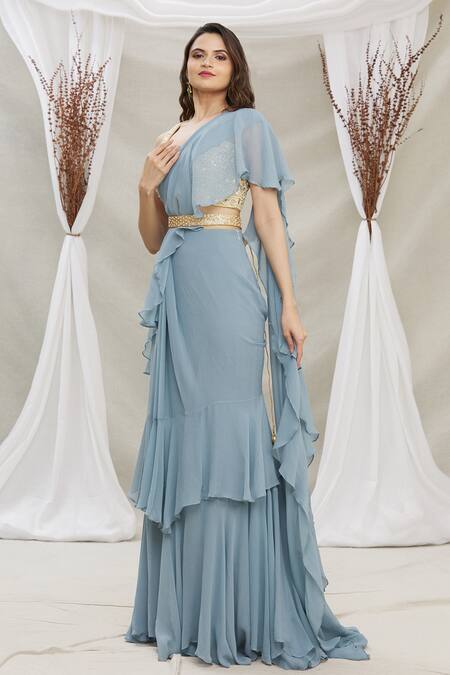 Buy Priti Sahni Blue Blouse Tulle, Saree Georgette Mirror, Pearl Draped Ruffle With Online at Aza Fashions Buy_Priti Sahni_Blue Blouse Tulle, Saree Georgette Mirror, Pearl Draped Ruffle With _Online_at_Aza_Fashions
