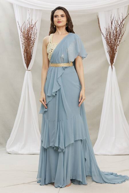 Shop Priti Sahni Blue Blouse Tulle, Saree Georgette Mirror, Pearl Draped Ruffle With Online at Aza Fashions Shop_Priti Sahni_Blue Blouse Tulle, Saree Georgette Mirror, Pearl Draped Ruffle With _Online_at_Aza_Fashions