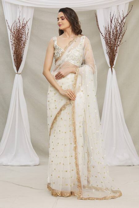 White Net Sequins Embellished Saree With Blouse 2588SR16