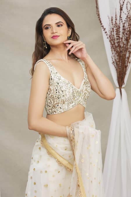 Buy Priti Sahni White Blouse Raw Silk, Saree Tulle Sequin Work Plunge V Embroidered With Online at Aza Fashions Buy_Priti Sahni_White Blouse Raw Silk, Saree Tulle Sequin Work Plunge V Embroidered With _Online_at_Aza_Fashions