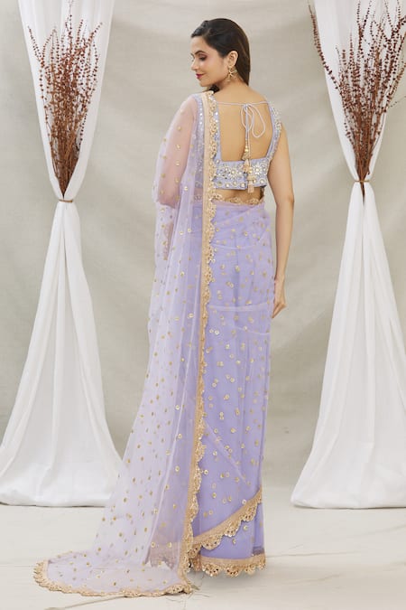 Shop Priti Sahni Blue Blouse Raw Silk, Saree Tulle Sequin Work V Neck Embroidered With at Aza Fashions Shop_Priti Sahni_Blue Blouse Raw Silk, Saree Tulle Sequin Work V Neck Embroidered With _at_Aza_Fashions