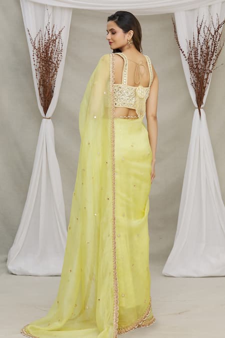 Shop Priti Sahni Yellow Blouse Raw Silk, Saree Tulle Sequin Work Sweetheart Embroidered With at Aza Fashions Shop_Priti Sahni_Yellow Blouse Raw Silk, Saree Tulle Sequin Work Sweetheart Embroidered With _at_Aza_Fashions
