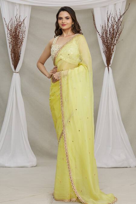 Priti Sahni Yellow Blouse Raw Silk, Saree Tulle Sequin Work Sweetheart Embroidered With Online at Aza Fashions Priti Sahni_Yellow Blouse Raw Silk, Saree Tulle Sequin Work Sweetheart Embroidered With _Online_at_Aza_Fashions