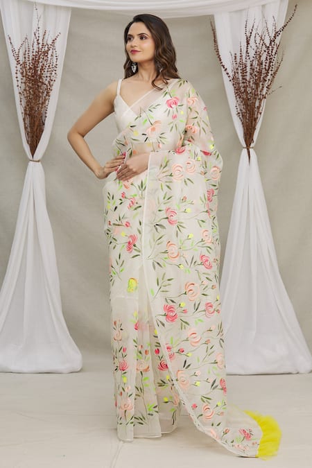 Priti Sahni White Blouse  Raw , Saree  Organza Floral V Neck Hand Painted With 
