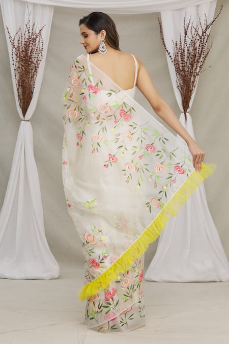 Shop Priti Sahni White Blouse Raw , Saree Organza Floral V Neck Hand Painted With at Aza Fashions Shop_Priti Sahni_White Blouse Raw , Saree Organza Floral V Neck Hand Painted With _at_Aza_Fashions
