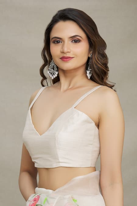 Shop Priti Sahni White Blouse Raw , Saree Organza Floral V Neck Hand Painted With Online at Aza Fashions Shop_Priti Sahni_White Blouse Raw , Saree Organza Floral V Neck Hand Painted With _Online_at_Aza_Fashions