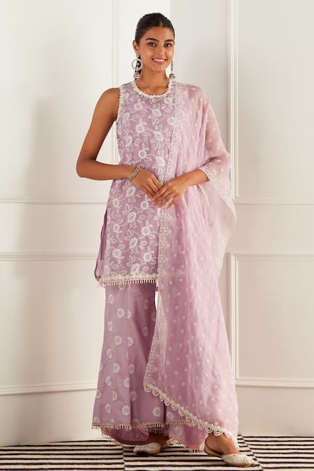 Mulmul Purple 100% Tencel Organza Embroidered Floral Cleo Kurta Pant Set 