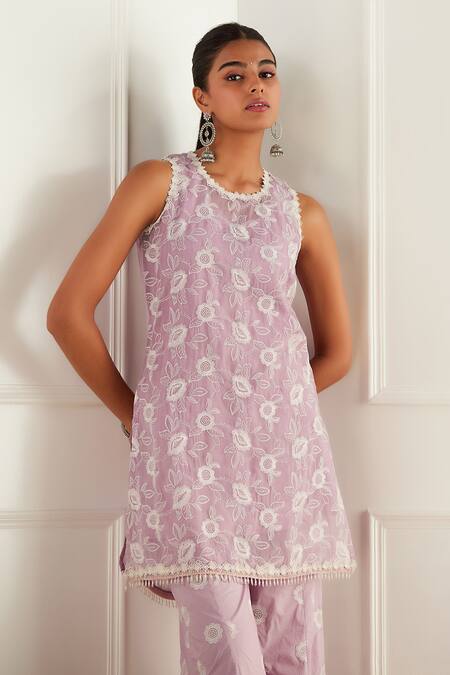 Mulmul Purple 100% Tencel Organza Floral Round Cleo Embroidered Kurta Pant Set Online at Aza Fashions Mulmul_Purple 100% Tencel Organza Floral Round Cleo Embroidered Kurta Pant Set_Online_at_Aza_Fashions