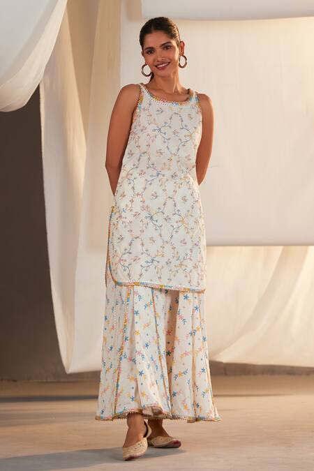 Shop Mulmul White 100% Pure Pima Cotton Floral Round Makayla Embroidered Kurta And Palazzo Set at Aza Fashions Shop_Mulmul_White 100% Pure Pima Cotton Floral Round Makayla Embroidered Kurta And Palazzo Set_at_Aza_Fashions