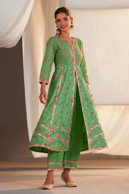 Buy Green 100 Pure Pima Cotton Embroidered Ayla Anarkali And Pant Set