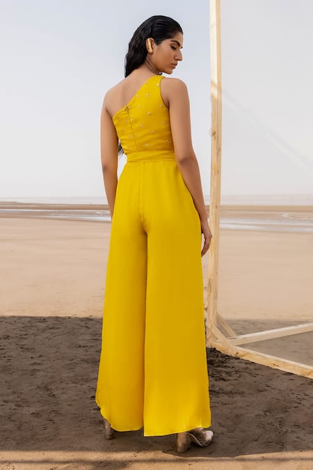 Shop EASE Yellow Satin Organza Sequin, Butti Asymmetric One Shoulder Jumpsuit at Aza Fashions Shop_EASE_Yellow Satin Organza Sequin, Butti Asymmetric One Shoulder Jumpsuit _at_Aza_Fashions