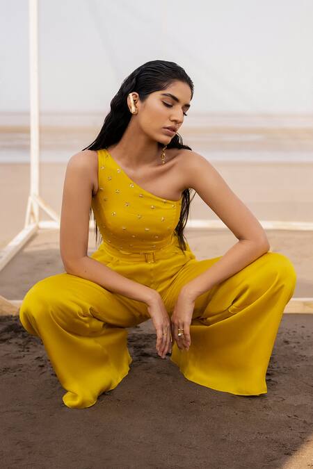EASE Yellow Satin Organza Sequin, Butti Asymmetric One Shoulder Jumpsuit Online at Aza Fashions EASE_Yellow Satin Organza Sequin, Butti Asymmetric One Shoulder Jumpsuit _Online_at_Aza_Fashions