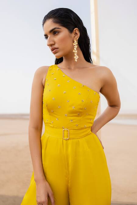 Buy EASE Yellow Satin Organza Sequin, Butti Asymmetric One Shoulder Jumpsuit Online at Aza Fashions Buy_EASE_Yellow Satin Organza Sequin, Butti Asymmetric One Shoulder Jumpsuit _Online_at_Aza_Fashions