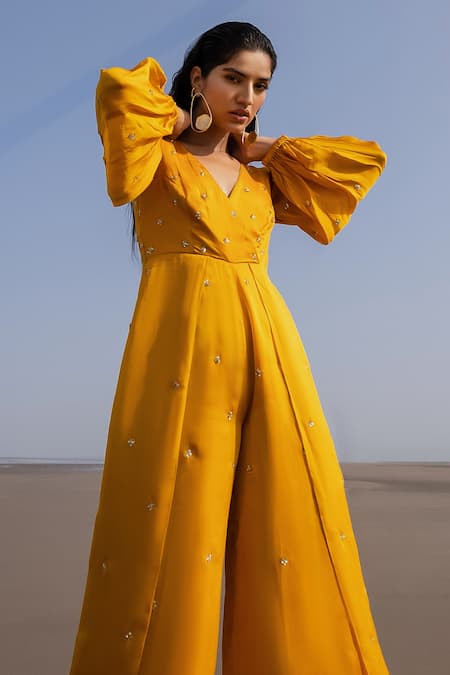 Buy_EASE_Yellow Satin Organza Tikki V Neck Balloon Sleeve Jumpsuit _Online_at_Aza_Fashions