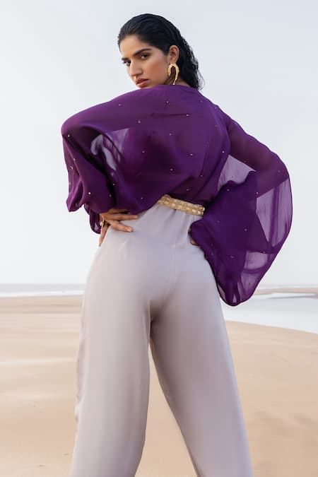 Shop_Ease_Purple Satin , Viscose Cutdana, Tikki Embroidered Jumpsuit _at_Aza_Fashions