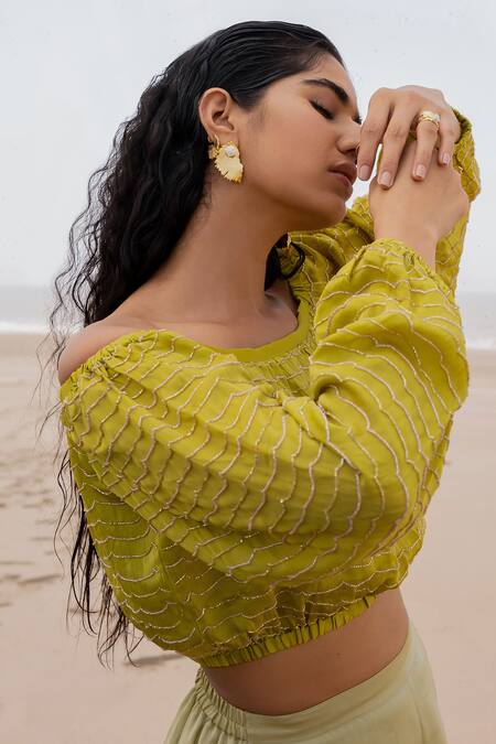 EASE_Green Satin Organza Cutdana, Scallop Straight Embroidered Top And Palazzo Set_Online_at_Aza_Fashions