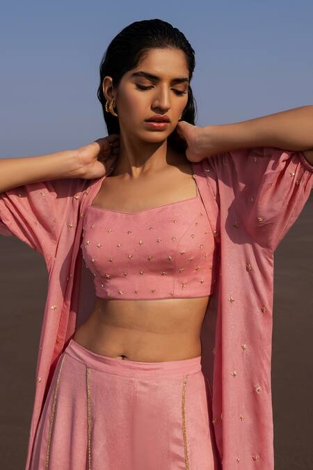 Buy_EASE_Pink Crepe Tikki Blouse V Neck, Jacket Open Embroidered And Pant Set_Online_at_Aza_Fashions