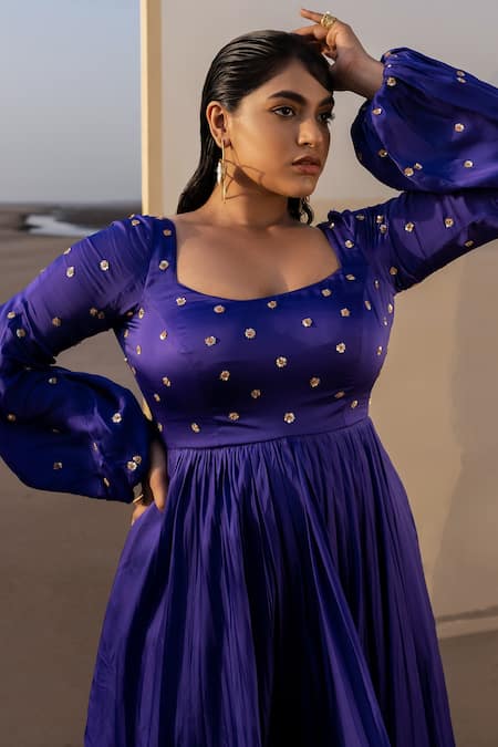 Buy_EASE_Blue Satin , Viscose Floral, Embroidered Anarkali With Dupatta_Online_at_Aza_Fashions