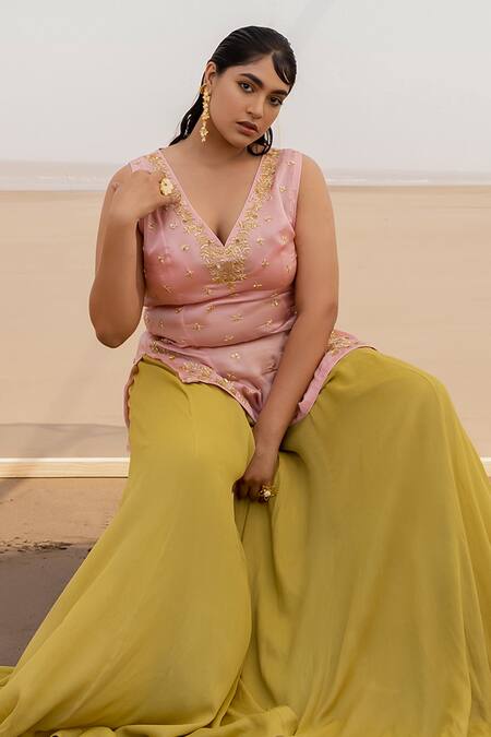 EASE_Pink Crepe, Viscose Organza Cutdana, Floral, Tikki Embroidered Kurta Palazzo Set_Online_at_Aza_Fashions