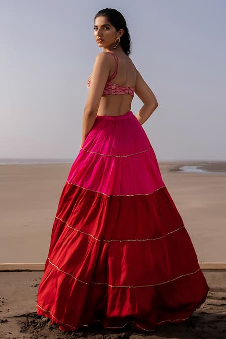 Shop_Ease_Pink Satin Organza Embroidery Cutdana V Neck Layered Lehenga Set _at_Aza_Fashions