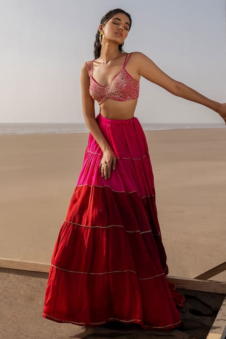 Ease_Pink Satin Organza Embroidery Cutdana V Neck Layered Lehenga Set _Online_at_Aza_Fashions