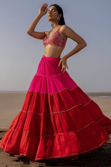 Buy_Ease_Pink Satin Organza Embroidery Cutdana V Neck Layered Lehenga Set _Online_at_Aza_Fashions