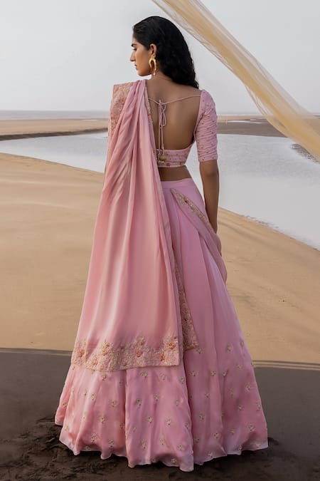 Shop_Ease_Pink Satin Organza Cutdana, Floral, Tikki Scoop Embroidered Lehenga Saree Set _at_Aza_Fashions