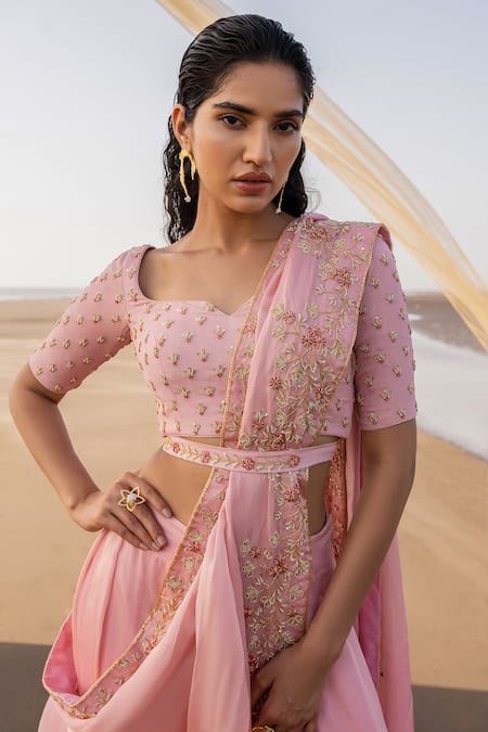 Buy_Ease_Pink Satin Organza Cutdana, Floral, Tikki Scoop Embroidered Lehenga Saree Set _Online_at_Aza_Fashions