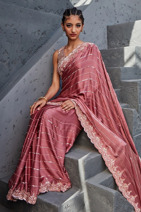 Powder Pink Pure Tussar Georgette Silk Banarasi Handloom Saree - Tilfi